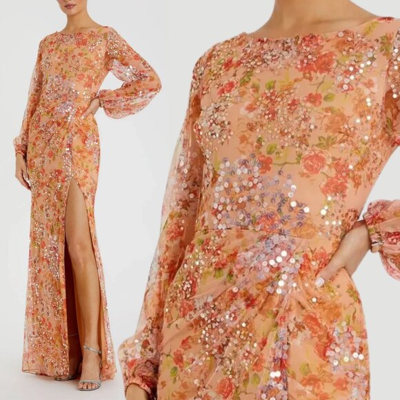 Mac Duggal 93547 Size 22 Long Sleeve V-Neck Orange Floral Sequin Maxi Gown Dress - Picture 1 of 3